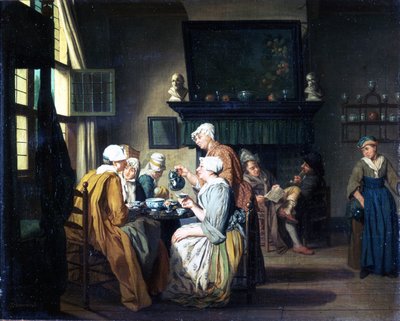 Çay içen bayanlar ile burjuva iç, şöminenin yanında okuyan bir adam by Jan Josef the Elder Horemans