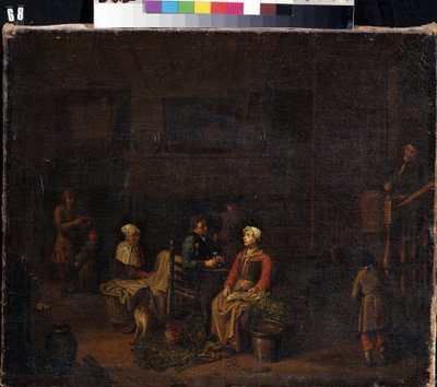 "Mutfak" (Mutfak) Ustaları için yemek hazırlayan hizmetçiler, sebze doğrayan bir kadın, arkasında bir çamaşır teknesinin yanında, bir adam içerken tartışıyor. Jan Joseph Horemans the Elder (1682-1759) tarafından tablo 18. yüzyıl Mik by Jan Josef the Elder Horemans