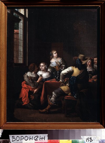 "Les festivites" (Neşeli buluşma) grubu biniciler ve bayanlar neşe içinde bir masanın etrafında toplandılar. Jan Joseph Horemans the Elder (1682-1759) tarafından boyama 18. yüzyıl Ivan Kramskoy (veya Kramskoi) Voronej