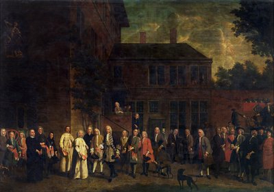 Eskrimciler loncasının üyeleri, Sint-Michiels Başrahibi'ni karşılıyor by Jan Josef the Younger Horemans