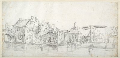 Bir gişe ve gişe köprüsü de dahil olmak üzere binaları olan bir kanal, c.1650 (beyaz kağıt üzerine siyah tebeşir) by Jan Josefsz. van (circle of) Goyen