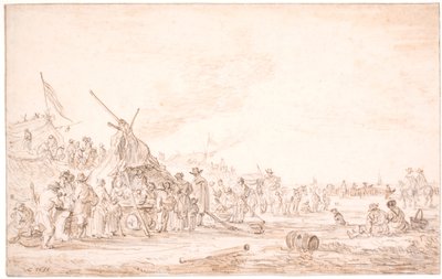 Karaya oturmuş bir balina ile kıyı manzarası by Jan Josefsz van Goyen