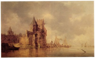 İskelede yelkenli gemiler ve ön planda bir kayık ile bir kale surunda bir ortaçağ kulesi, c.1642 (panelde yağlı boya) by Jan Josephsz van Goyen