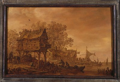 Nehir kıyısında, bir güvercinliğin yanında bir teknede köylülerin olduğu bir köy, 1651 by Jan Josephsz van Goyen