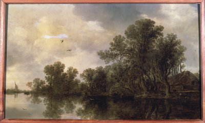 Ormanlık bir nehir manzarası, bir kulübede ve bir feribotta kayıkta köylüler, uzakta bir yelkenli tekne, 1633 by Jan Josephsz van Goyen