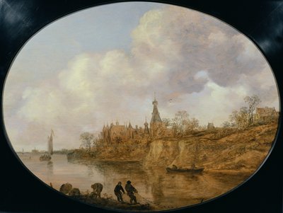 Uzakta Bir Kale ve Köy ile Bir Nehir Peyzajında Ağ ve Sepetleri Çeken Üç Balıkçı by Jan Josephsz van Goyen