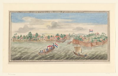 Malacca'nın denizden görünümü 't Gezigt van Malacca deniz tarafındaki kum levhasının hemen üzerinde görülüyor (nesnedeki başlık) by Jan Keldermans