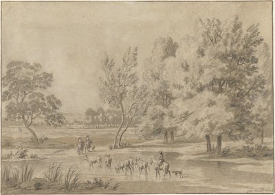 Sulama yerinde ağaçlar, biniciler ve bazı inekler ile manzara by Jan Laurensz. van der Vinne