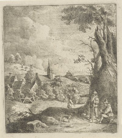 Bir köy ve bir ağacın yanında iki adamla manzara by Jan Lauwryn Krafft (I) (attributed to)