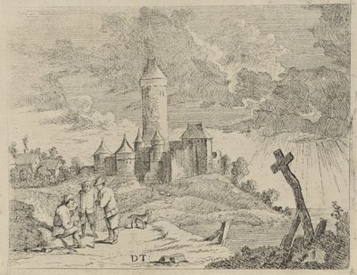 Kale ve üç adam ile manzara by Jan Lauwryn Krafft (I) (possibly)