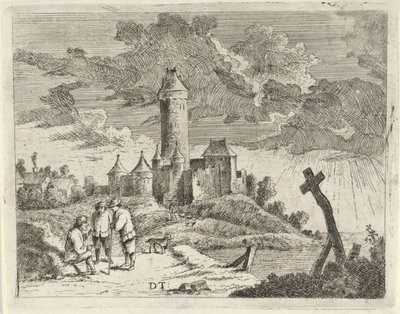 Kale ve üç adam ile manzara by Jan Lauwryn Krafft (I) (possibly)