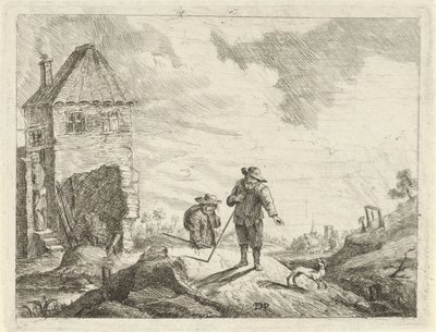 Köy yolunda köpeği olan iki çiftçi by Jan Lauwryn Krafft (I) (possibly)