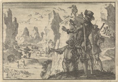 Silahlı İspanyollar tamamen vahşi insanlara kayalardan bakıyorlar, yaklaşık 1600 by Jan Luyken