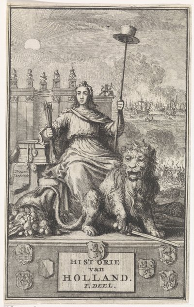 Dutch Virgin Başlık sayfası: F. de la Neuville, History of Holland vol. ben, 1704 by Jan Luyken