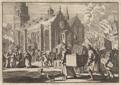 Spiers sakinleri iyi niyetle mobilyalarını katedrale getirirler ve burada daha sonra Fransız general Monclar tarafından yakılır, 1689 by Jan Luyken