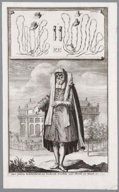 Yahudi adam, dua için giyinmiş. Arka planda Amsterdam Portekiz Sinagogu by Jan Luyken