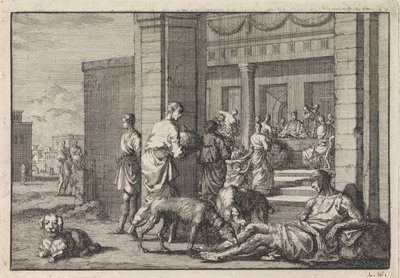 Lazarus zengin adamın ziyafet masasında yalvarıyor by Jan Luyken