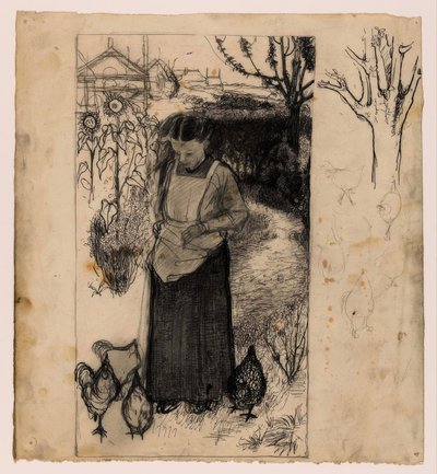 Annie Mankes-Zernike tavukları besliyor, sağda: ağaç ve tavuk çalışmaları by Jan Mankes