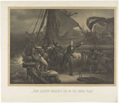 Jan van Speijk sigortayı beklemeye almak üzere, 1831 Son düşüncesi bayrağının onuruydu (nesne üzerindeki başlık) by Jan Mesker