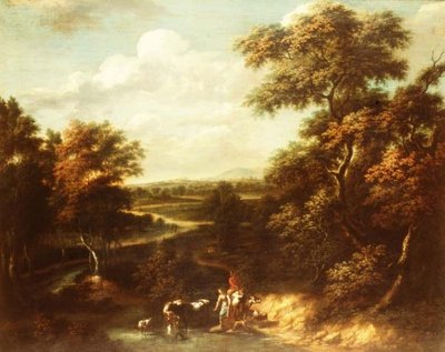 Bir çoban ve bir köylü kızı ile geniş bir ormanlık manzara by Jan Philip Spalthof