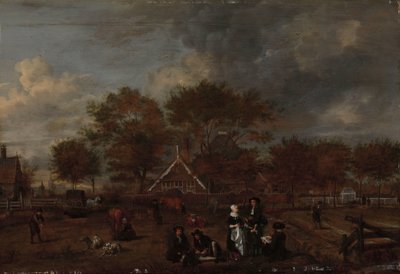 Ön planda Beyefendi Çiftçi ve Karısı ve Ressam ile Çiftlik by Jan Pietersz Opperdoes
