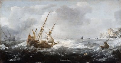 Kayalık Sahilde Fırtınada Gemiler - Peinture de Jan Porcellis (1582/5-1632) - 1614-1618 - Ahşap üzerine yağlı boya - 35x67 - Hallwylska Museet, Stockholm by Jan Porcellis