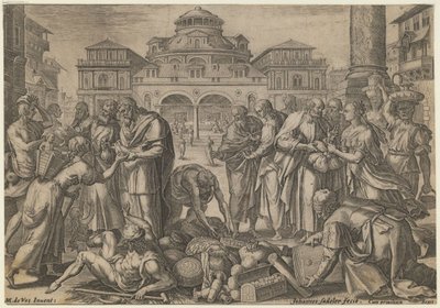 Havariler Parayı İhtiyacı Olanlara Dağıtıyor, ca. 1600 by Jan Sadeler