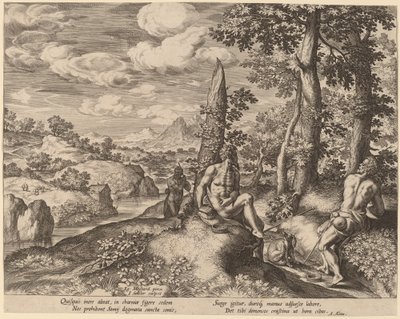 Üç Çıplak Adam ve Bir Köpek ile Manzara by Jan Sadeler I after Gillis Mostaert