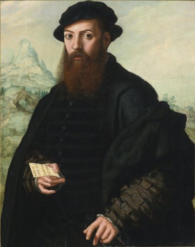 Sakallı bir adamın portresi, 34 yaşında, geniş bir manzara önünde by Jan Sanders van Hemessen
