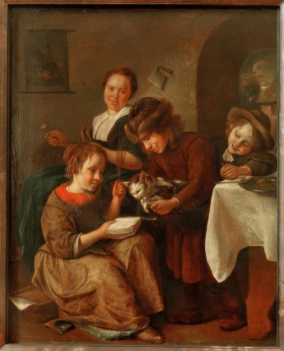 Çocuklar bir kediye okumayı öğretiyor by Jan Havickszoon Steen