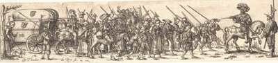 Askerlerin inandığı, önünde at sırtında bir subay by Jan Theodor de Bry