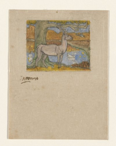 Bir göletin önündeki ağacın yanında geyik Bir ağacın yanında geyik (orijinal başlık) by Jan Toorop (signed by artist)