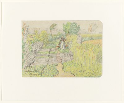 Omuzlarında süt kovaları olan bir boyunduruğu olan bir mısır tarlasında yürüyen köylü kadın by Jan Toorop