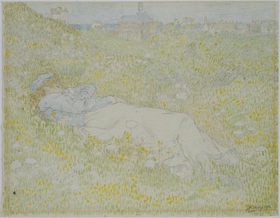 Noordwijk yakınlarındaki Kum Tepelerinde Yatan Kadın Arka planda Noordwijk'in silueti ile çimenlerde yatan kız by Jan Toorop