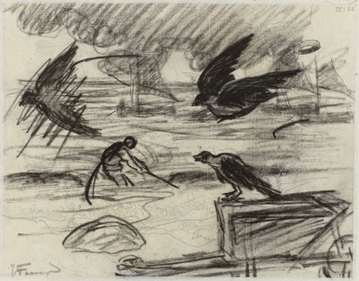 Balıkçı ile deniz manzarası, ön planda kuşlarla dolu bir el arabası by Jan Toorop