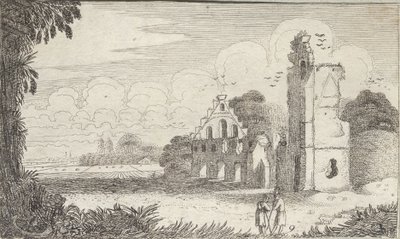 Yıkılmış bir kilise ve sohbet eden iki çoban ile manzara by Jan Van de Velde