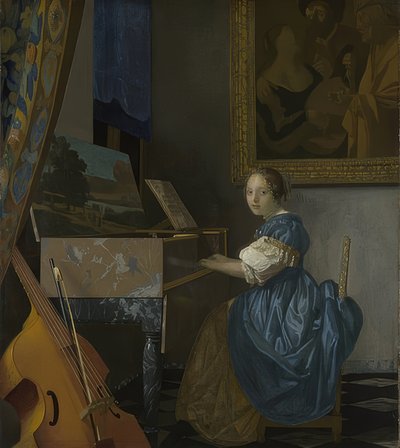 Bir bakire oturan genç kadın. 1670-72 civarında by Jan Vermeer van Delft
