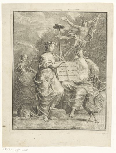 Avusturya Hollanda ve Fransa'sının kişileştirmeleri Nederduitsch ve Fransch sözlüğü / Dictionnaire Flamand et François (nesne üzerindeki başlık) Başlık sayfası: François Halma, Het Groot Fransch en Nederduitsch Dictionary, 1761 by Jan Wandelaar