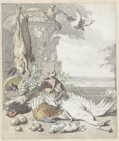Ölü oyun, bir maymun, bir köpek ve bazı kuşlar by Jan Baptist Weenix
