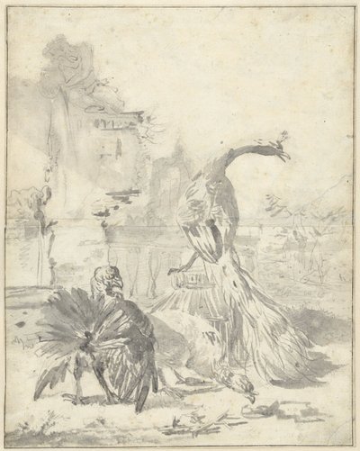Tavus kuşu ve iki hindi ile Hoenderhof by Jan Baptist Weenix
