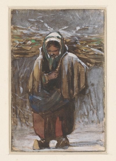 Kış manzarasında sırtında odun olan çiftçi kadın by Jan Weissenbruch