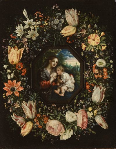 Madonna ve Çocuk bir çiçek çelengi içinde, c.1625 (bakır üzerine yağlı boya) by Jan and Balen, Hendrik van Brueghel
