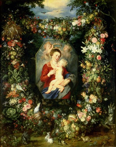 Bakire ve meyve ve çiçeklerden oluşan bir çelenk içindeki çocuk, c.1614-18 by Jan and Rubens, P.P. Brueghel