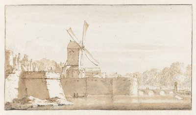 Rembrandt'ın yel değirmeni, Morspoort'taki surlar ve Pelikan kalesinin görünümü by Jan de Bisschop