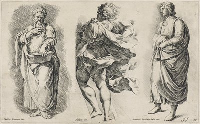 Üç İtalyan Sanatçıdan Sonra Üç İsimsiz Figür (arması filigranlı serilmiş kağıda gravür) by Jan de Bisschop