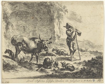 Çoban bir harabe tarafından değnek üzerinde dinleniyor Çobanlar ve Sığırlarla Manzaralar (dizi başlığı) by Jan de Visscher