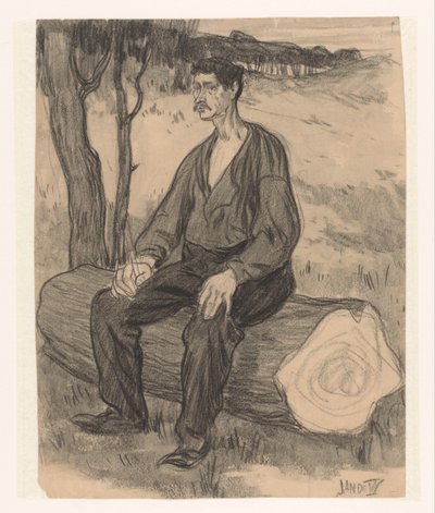 ağaç gövdesi üzerinde oturan adam by Jan de Waardt (signed by artist)