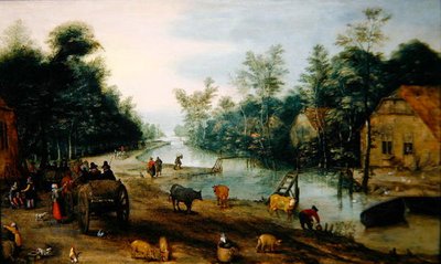 Bir Hana Gelen Yolcularla Yazın Ormanlık Bir Nehir Manzarası (panelde yağlı boya) by Jan the Elder (circle of) Brueghel