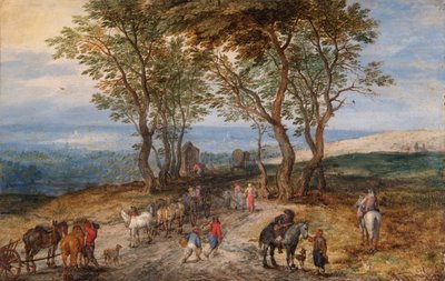 Figürlü Köy Yolu Sahnesi: Bir Tapınakta Dua Eden Bir Adam, 1610 dolayları (bakır üzerine yağlı boya) by Jan the Elder Brueghel