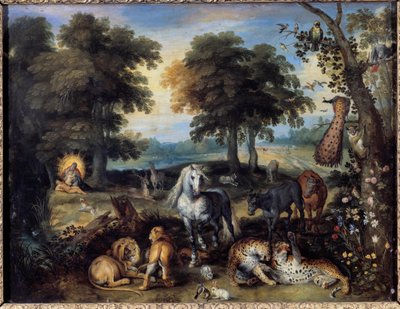 Dünya Cenneti Aden Bahçesi'nde bir arada yaşayan farklı hayvanlar, altta solda, Tanrı Havva'yı Adem'in bir yanından yaratır. Jan Bruegel (veya Breugel veya Brueghel veya Breughel) tarafından yapılan boyama, eski Bruegel de Velours (1568-1625) 1 by Jan the Elder Brueghel